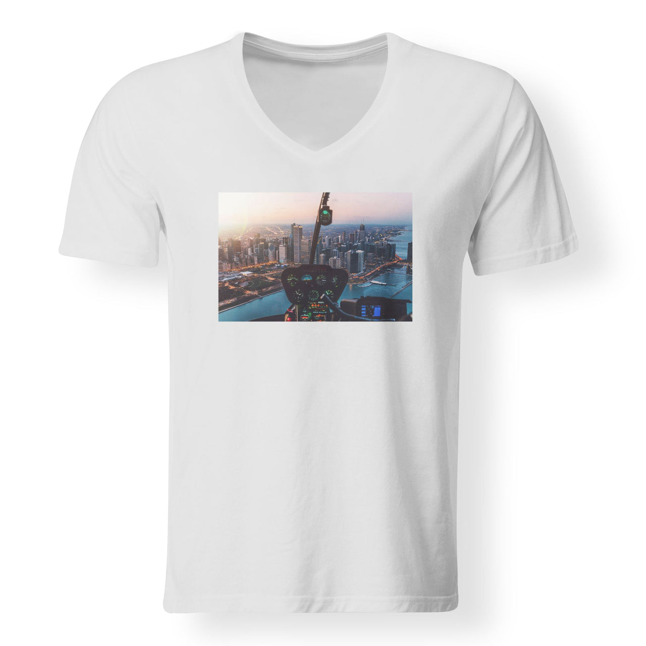Amazing City View from Helicopter Cockpit Designed V-Neck T-Shirts