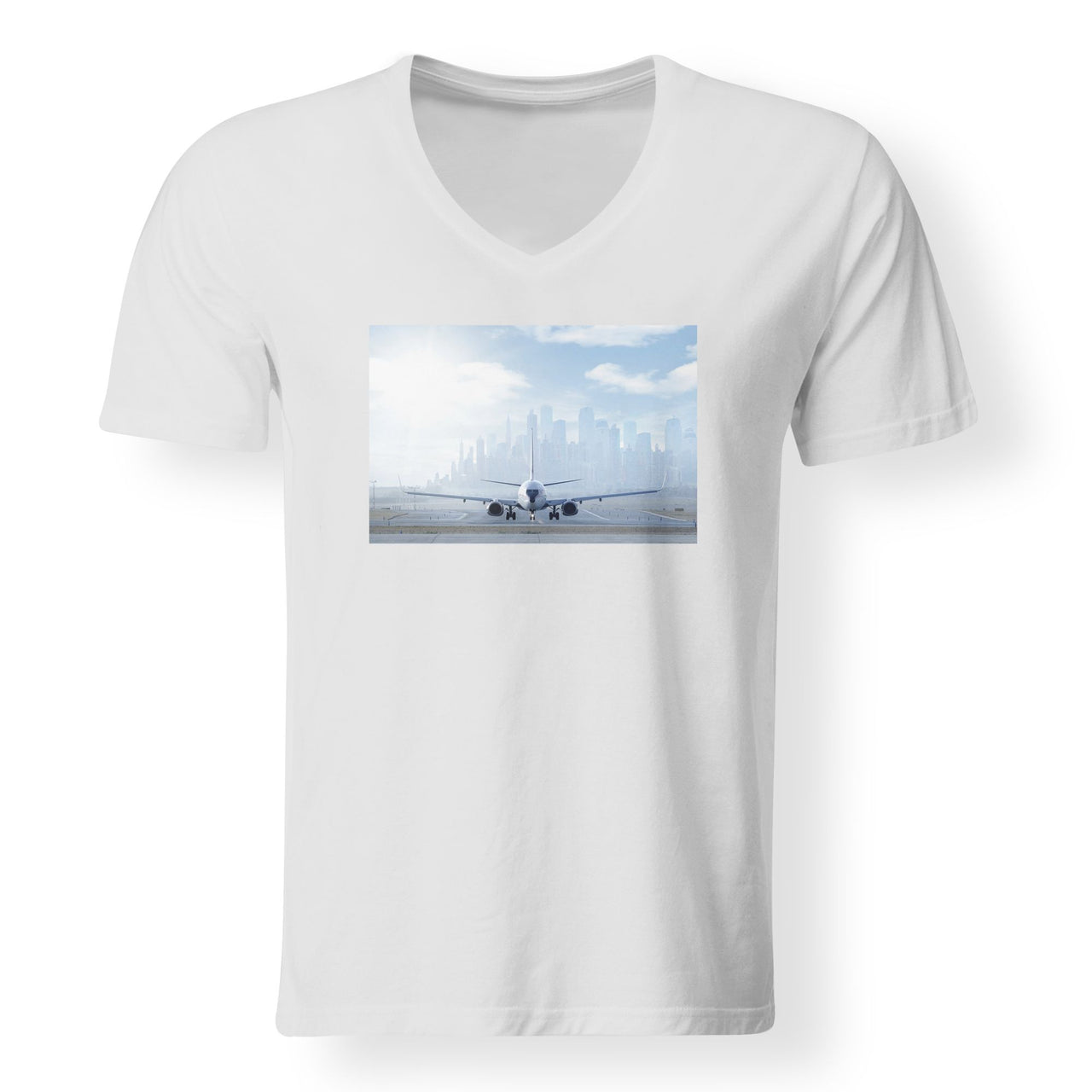 Boeing 737 & City View Behind Designed V-Neck T-Shirts