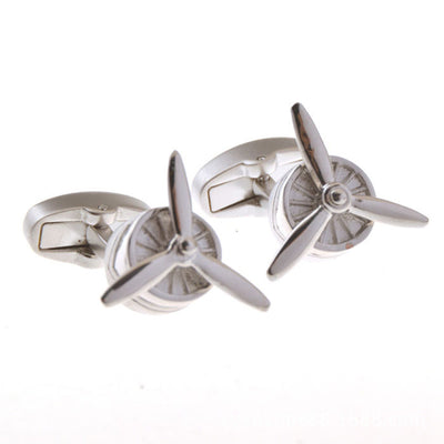 Metal Silver Space Fighter Vintage Engine Cufflinks aviation cuff links, polished metal body with engraved detail.
