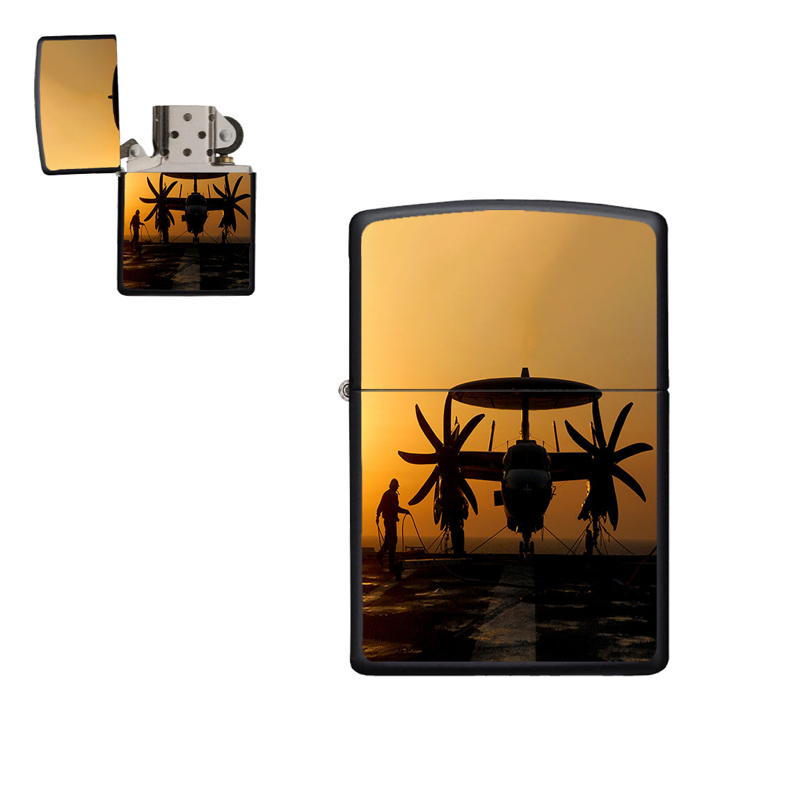 Military Plane at Sunset Designed Metal Lighters