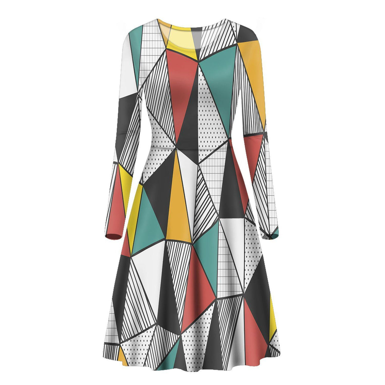 Mixed Triangles Designed Long Sleeve Women Midi Dress