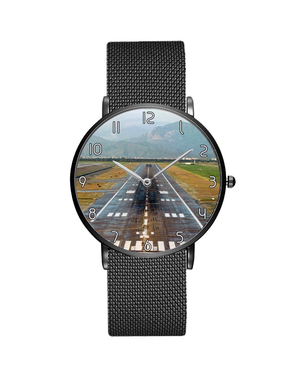Mountain View and & Runway Stainless Steel Strap Watches Aviation Shop Black & Stainless Steel Strap 