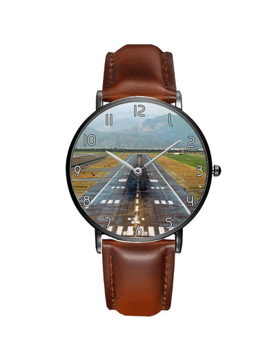 Side view of Mountain View and & Runway aviation slim watch in stainless steel, polished finish.