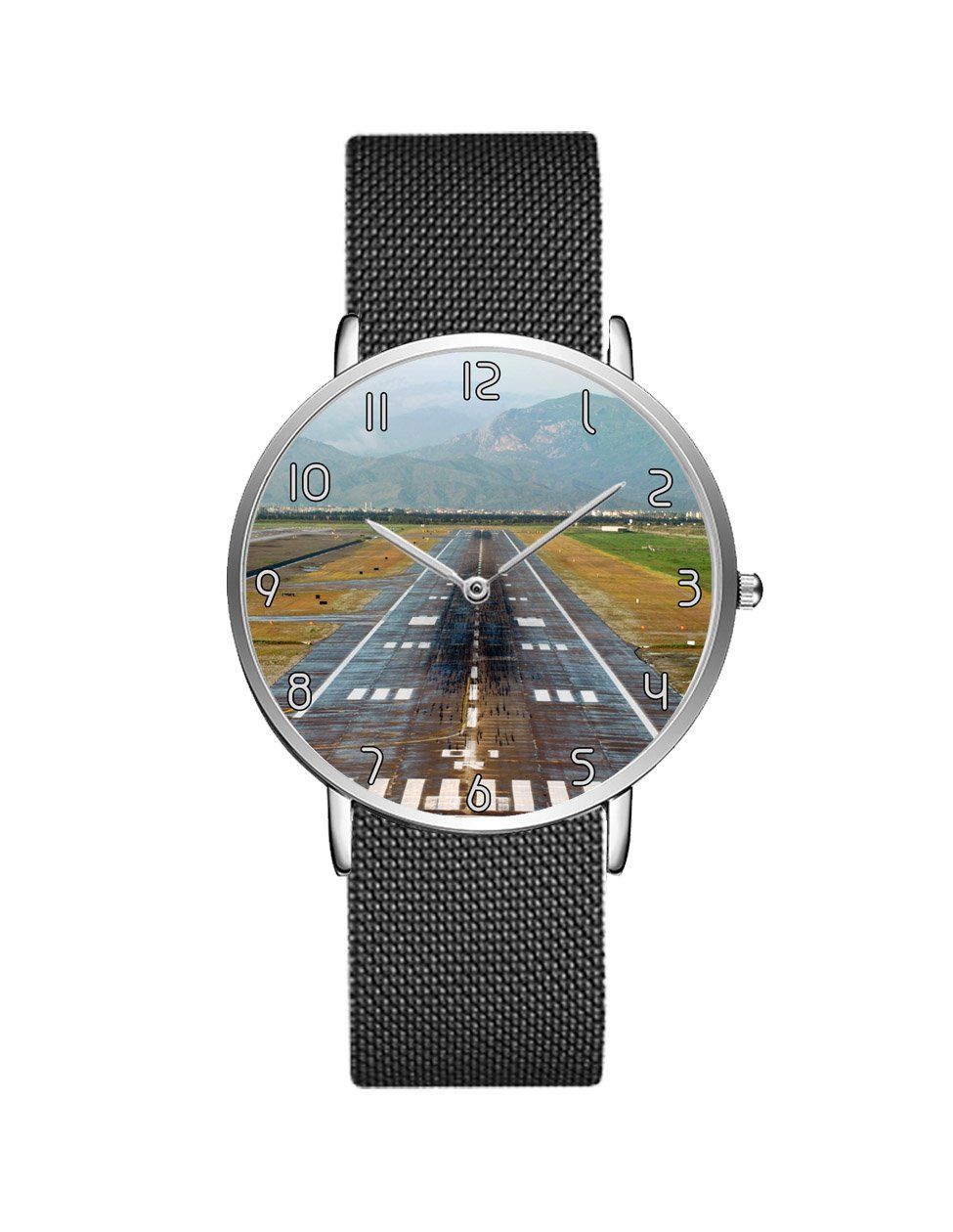 Mountain View and & Runway Stainless Steel Strap Watches Aviation Shop Silver & Black Stainless Steel Strap 