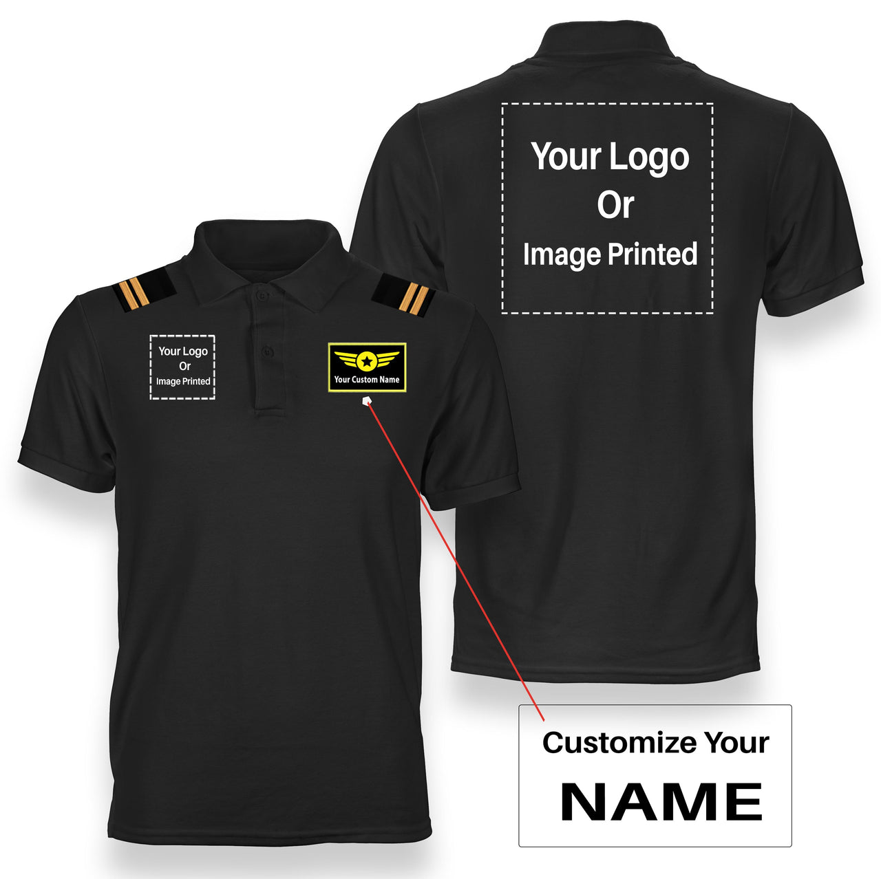 Custom Name & "Two" Logos + Epaulettes Designed Polo T-Shirts