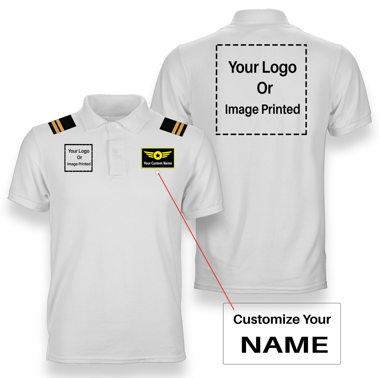 Custom Name & "Two" Logos + Epaulettes Designed Polo T-Shirts