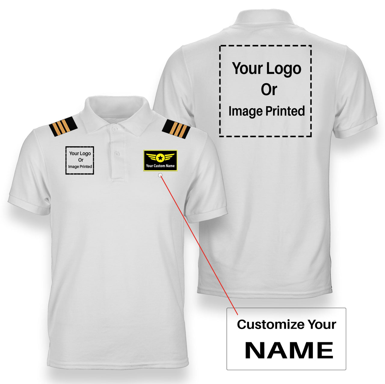 Custom Name & "Two" Logos + Epaulettes Designed Polo T-Shirts