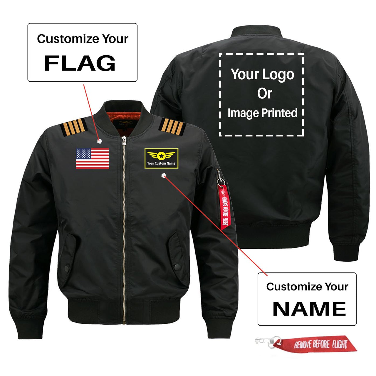 Custom Flag & Name & LOGO & EPAULETTES Designed Pilot Jackets