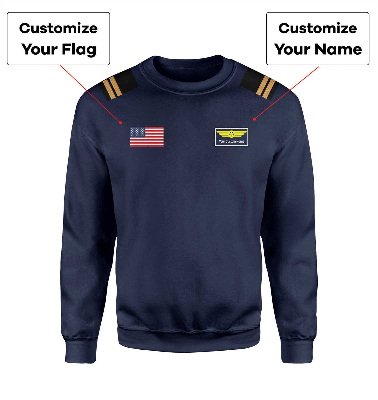 Custom Flag & Name with EPAULETTES (Badge 1) Designed 3D Sweatshirts