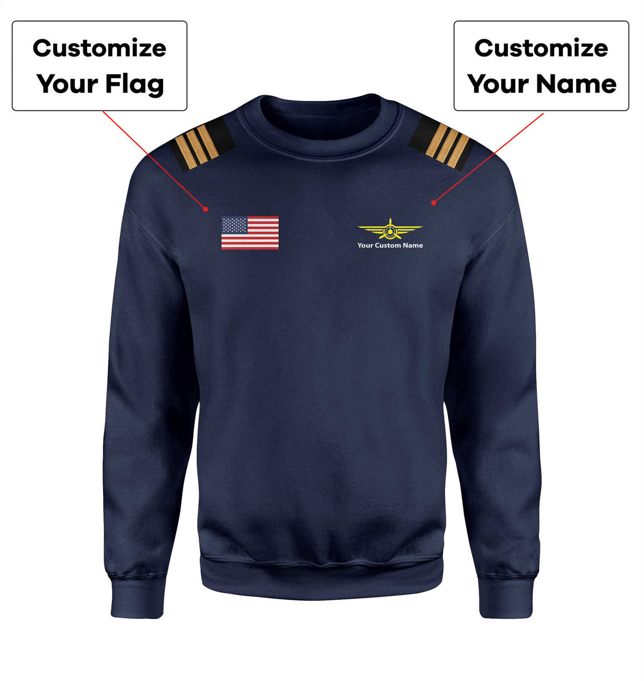 Custom Flag & Name with EPAULETTES (Badge 3) Designed 3D Sweatshirts