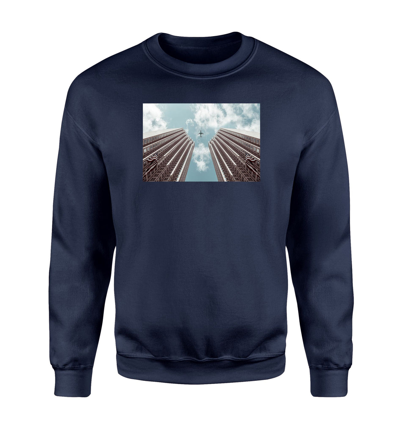 Airplane Flying over Big Buildings Designed Sweatshirts