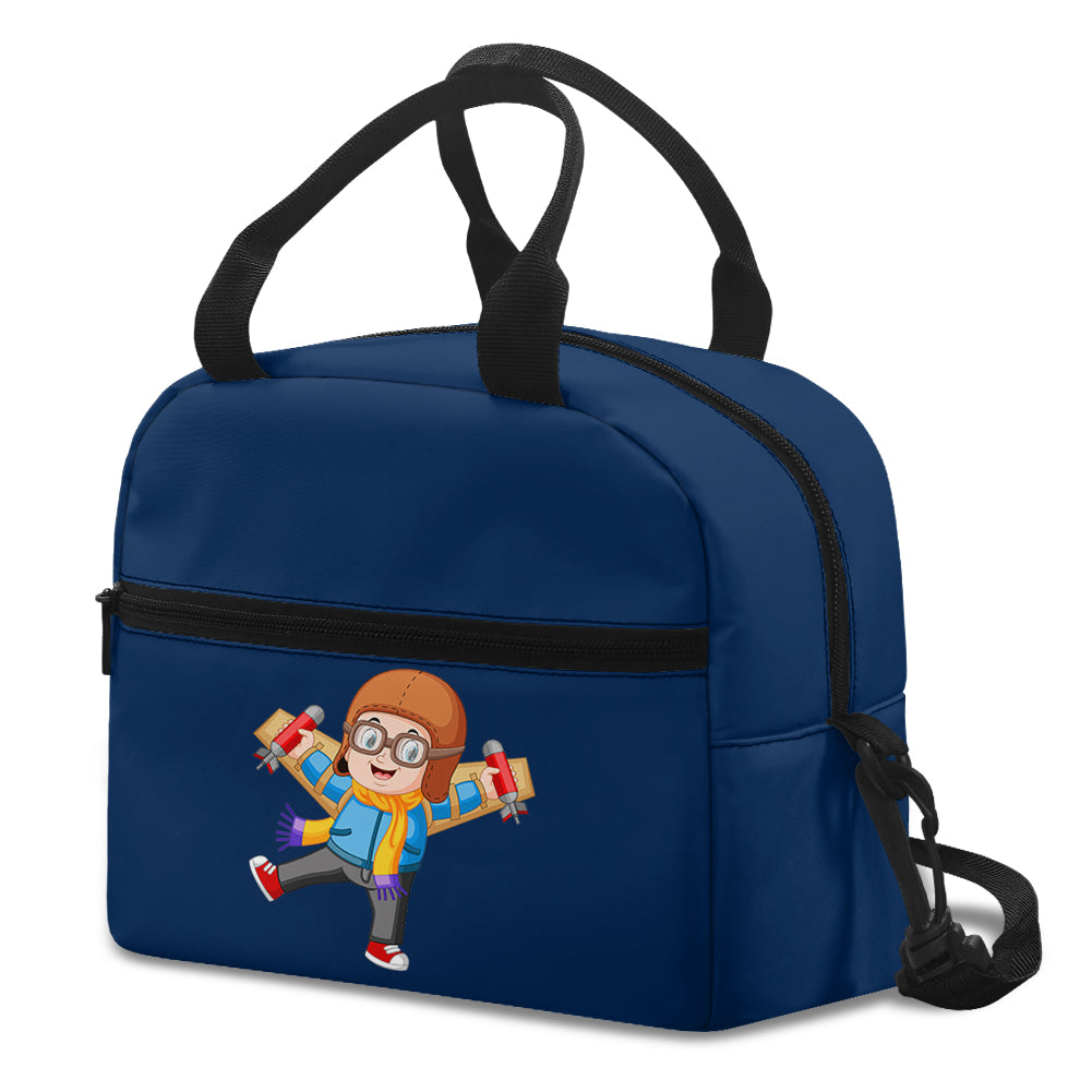 Cute Little Boy Pilot Costume Playing With Wings Designed Lunch Bags