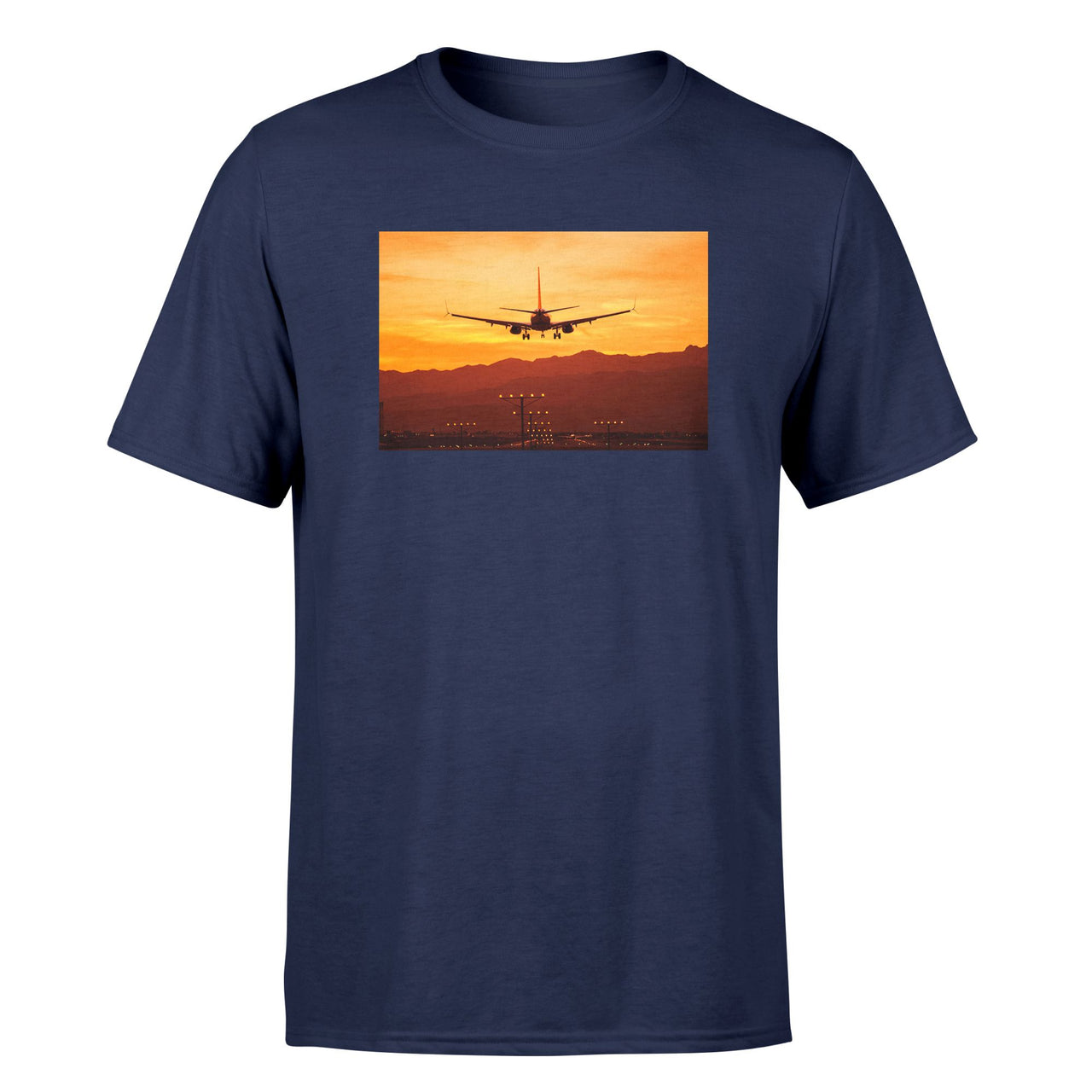 Landing Aircraft During Sunset Designed T-Shirts