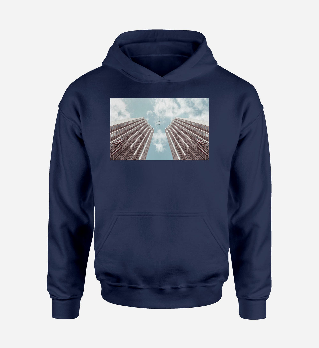 Airplane Flying over Big Buildings Designed Hoodies