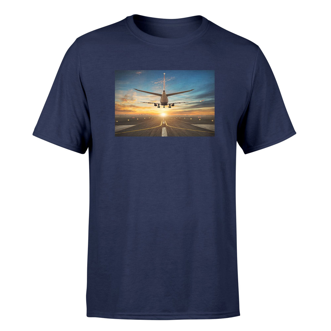 Airplane over Runway Towards the Sunrise Designed T-Shirts