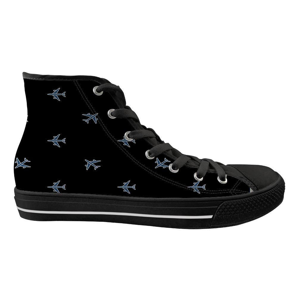 Nice Airplanes (Black) Designed Long Canvas Shoes (Women)