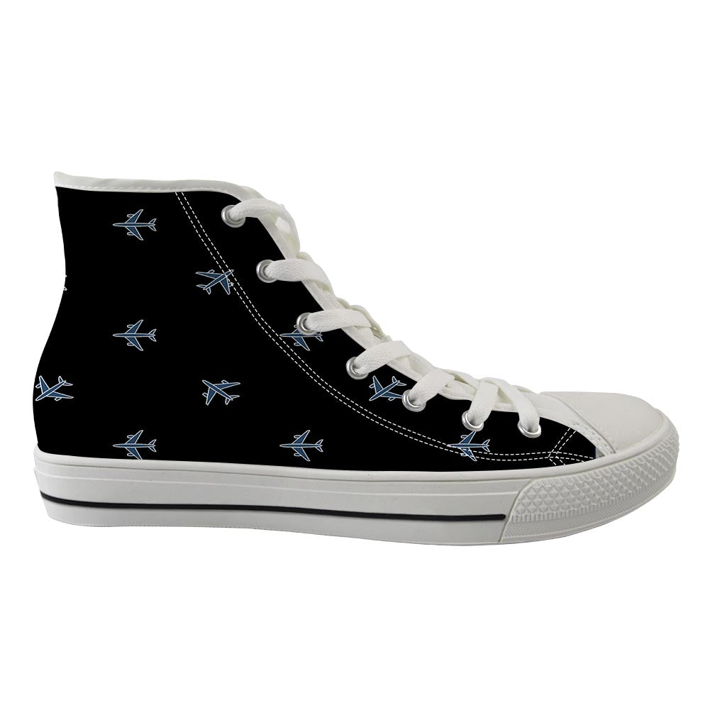 Nice Airplanes (Black) Designed Long Canvas Shoes (Women)