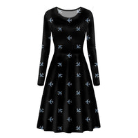 Thumbnail for Nice Airplanes (Black) Designed Long Sleeve Women Midi Dress