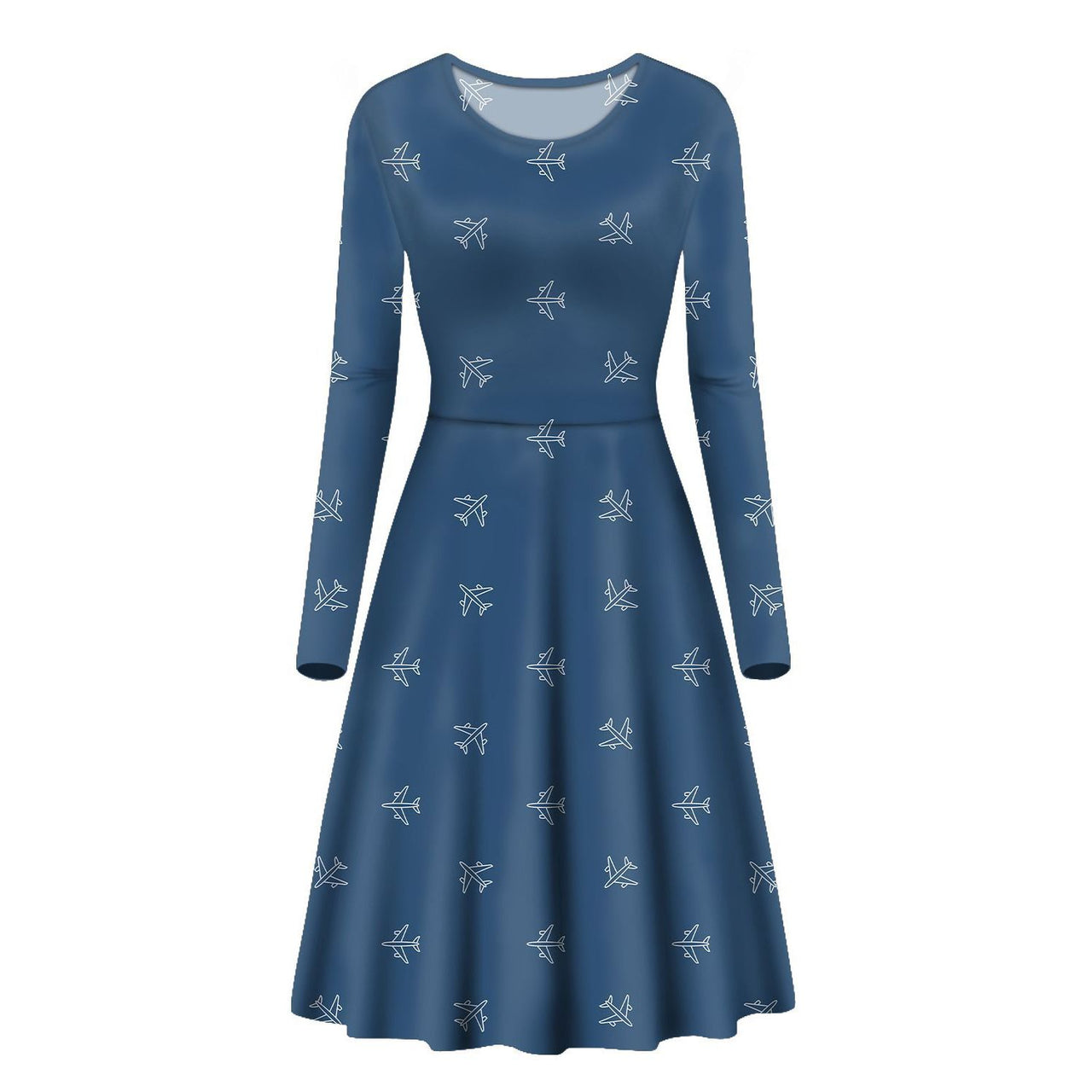 Nice Airplanes (Blue) Designed Long Sleeve Women Midi Dress