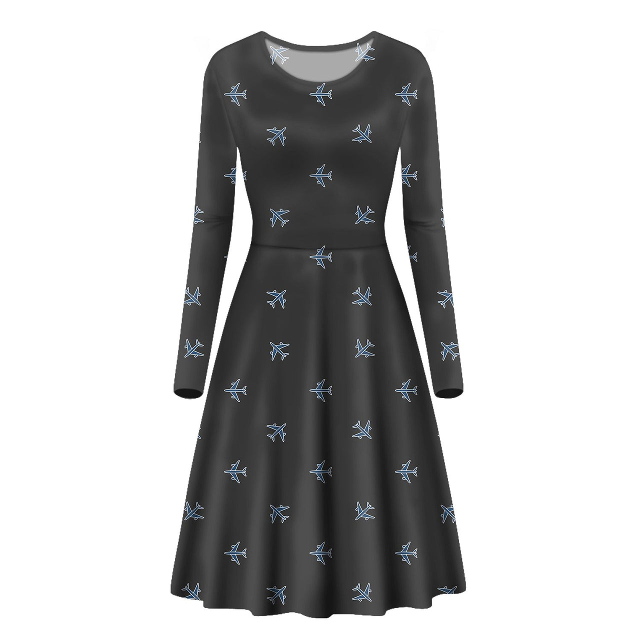 Nice Airplanes (Gray) Designed Long Sleeve Women Midi Dress