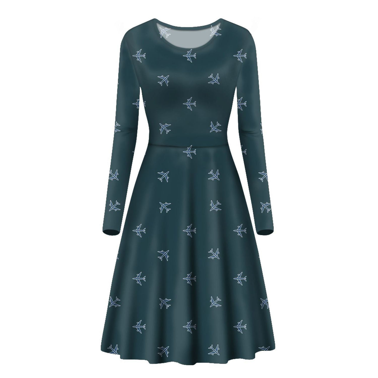 Nice Airplanes (Green) Designed Long Sleeve Women Midi Dress