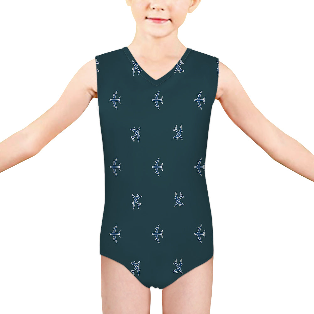Nice Airplanes (Green) Designed Kids Swimsuit