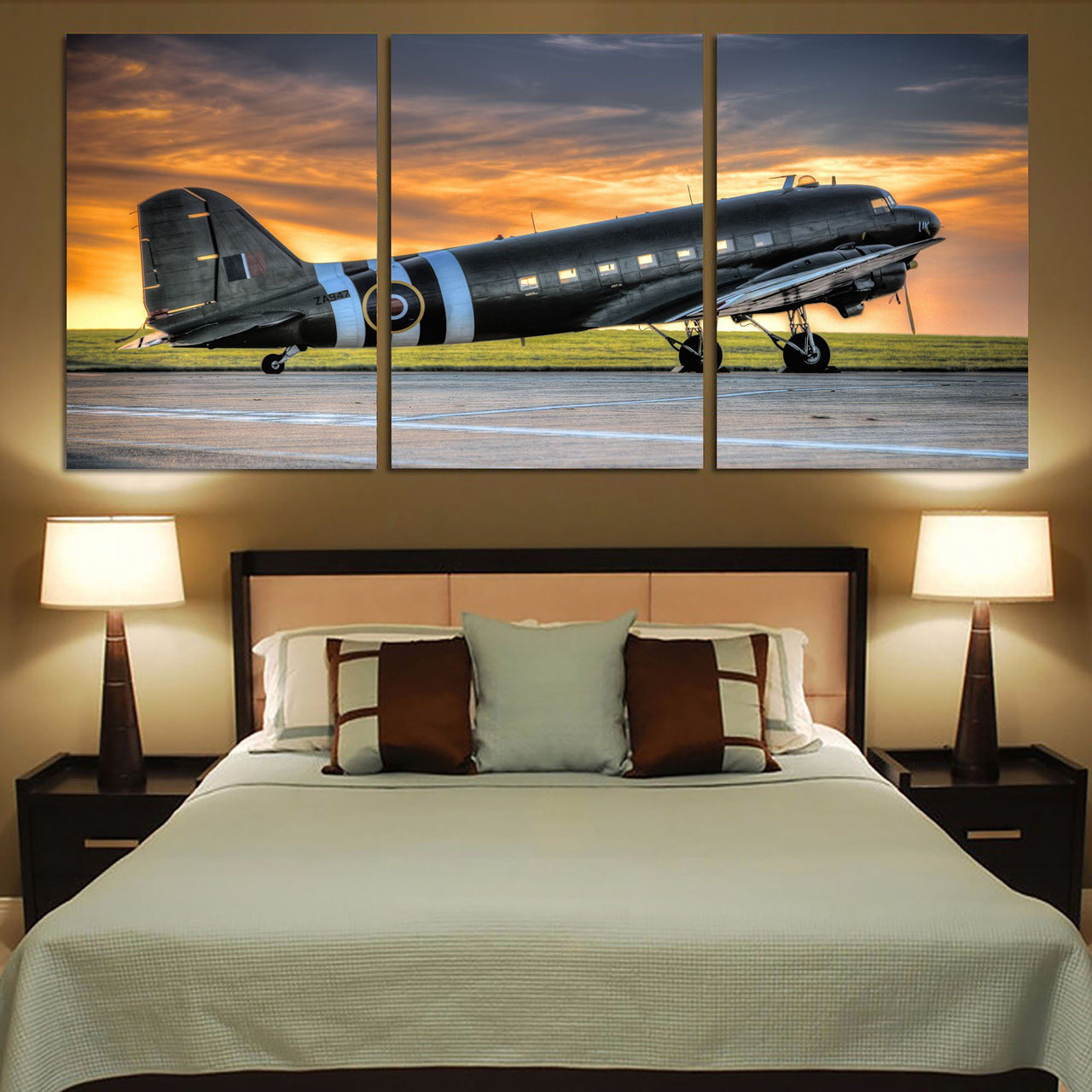 Old Airplane Parked During Sunset Printed Canvas Posters (3 Pieces) Aviation Shop 