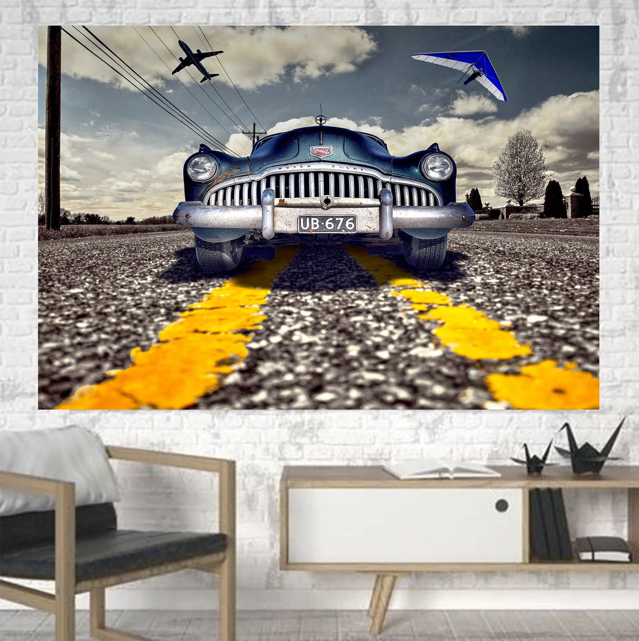 Old Car and Planes Printed Canvas Posters (1 Piece) Aviation Shop 