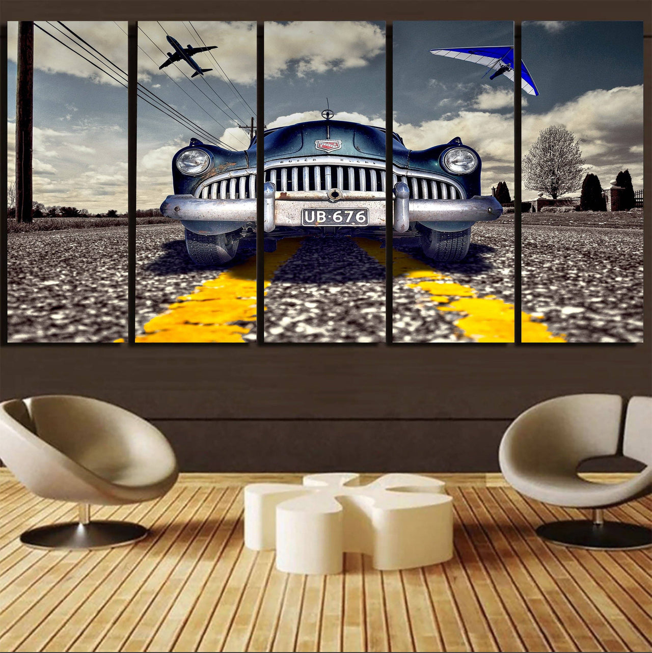 Old Car and Planes Printed Canvas Prints (5 Pieces) Aviation Shop 