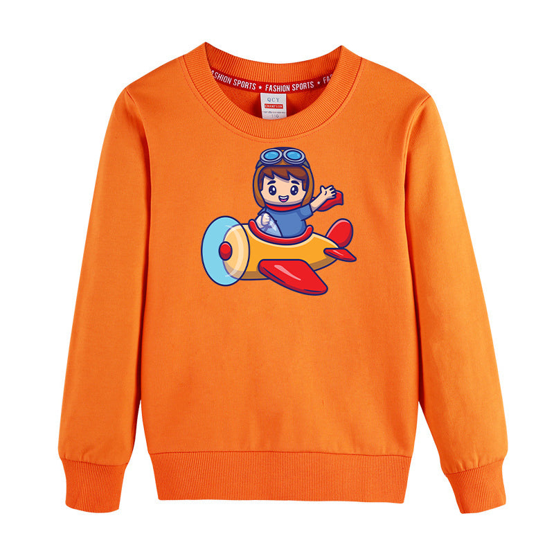 Cute Boy Driving Plane Cartoon Designed "CHILDREN" Sweatshirts