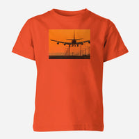 Thumbnail for Close up to Boeing 747 Landing at Sunset Designed Children T-Shirts
