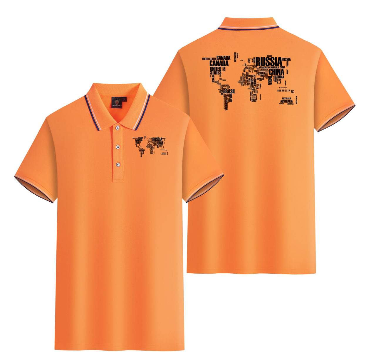 World Map (Text) Designed Stylish Polo T-Shirts (Double-Side)