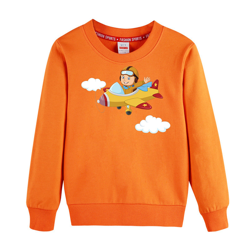 Cartoon Little Boy Operating Plane Designed "CHILDREN" Sweatshirts