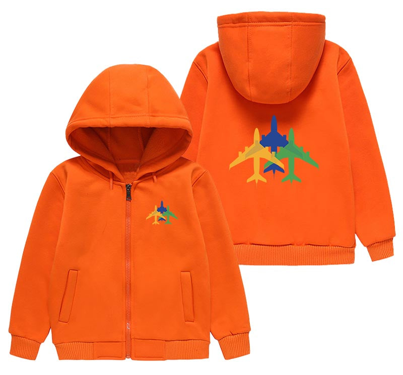 Colourful 3 Airplanes Designed "CHILDREN" Zipped Hoodies
