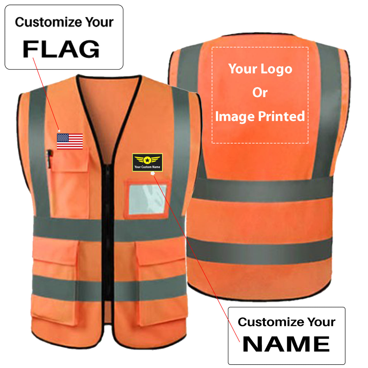 Custom Your Name & Flag & Logo (1) Designed Reflective Vests
