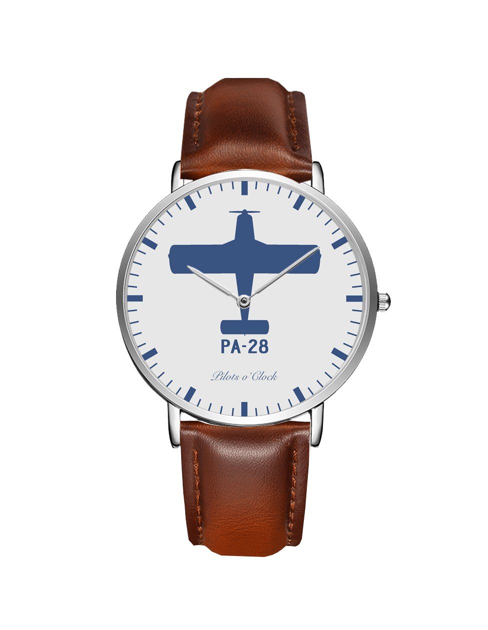 Piper PA-28 Leather Strap Watches Pilot Eyes Store Silver & Brown Leather Strap 