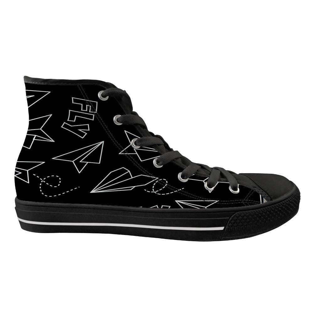 Paper Airplane & Fly Black Designed Long Canvas Shoes (Women)