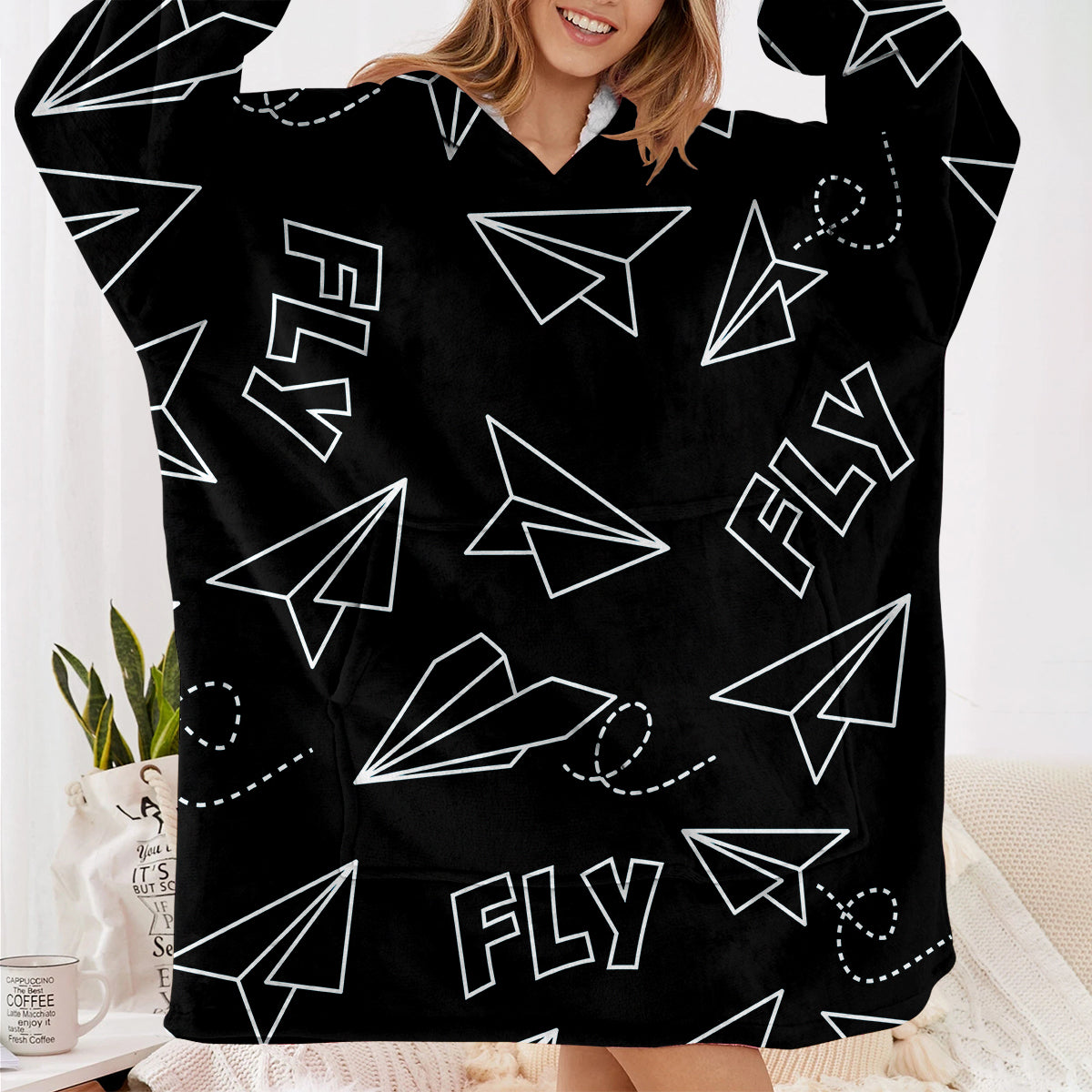 Paper Airplane & Fly Black Designed Blanket Hoodies