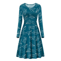 Thumbnail for Paper Airplane & Fly Green Designed Long Sleeve Women Midi Dress