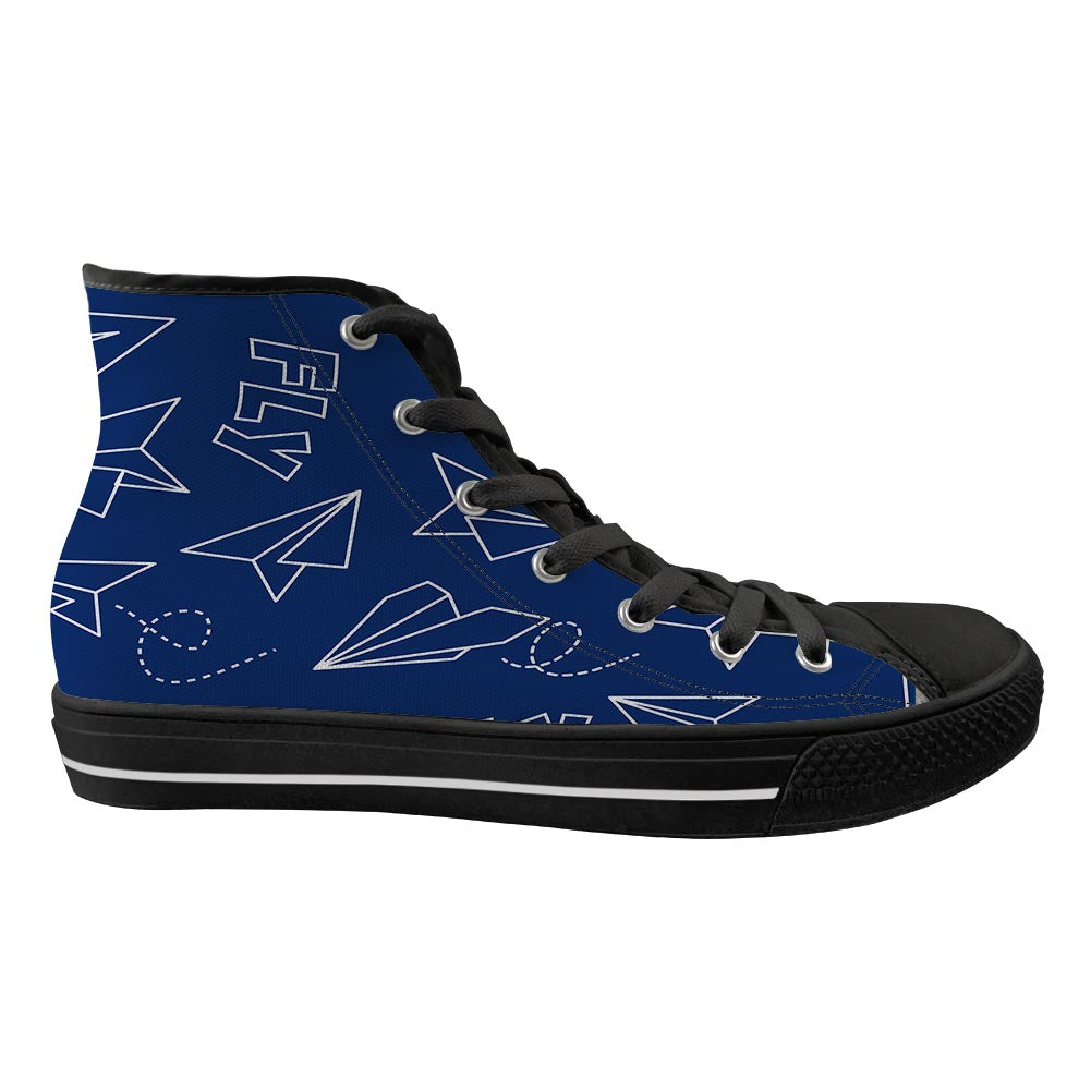 Paper Airplane & Fly (Blue) Designed Long Canvas Shoes (Men)