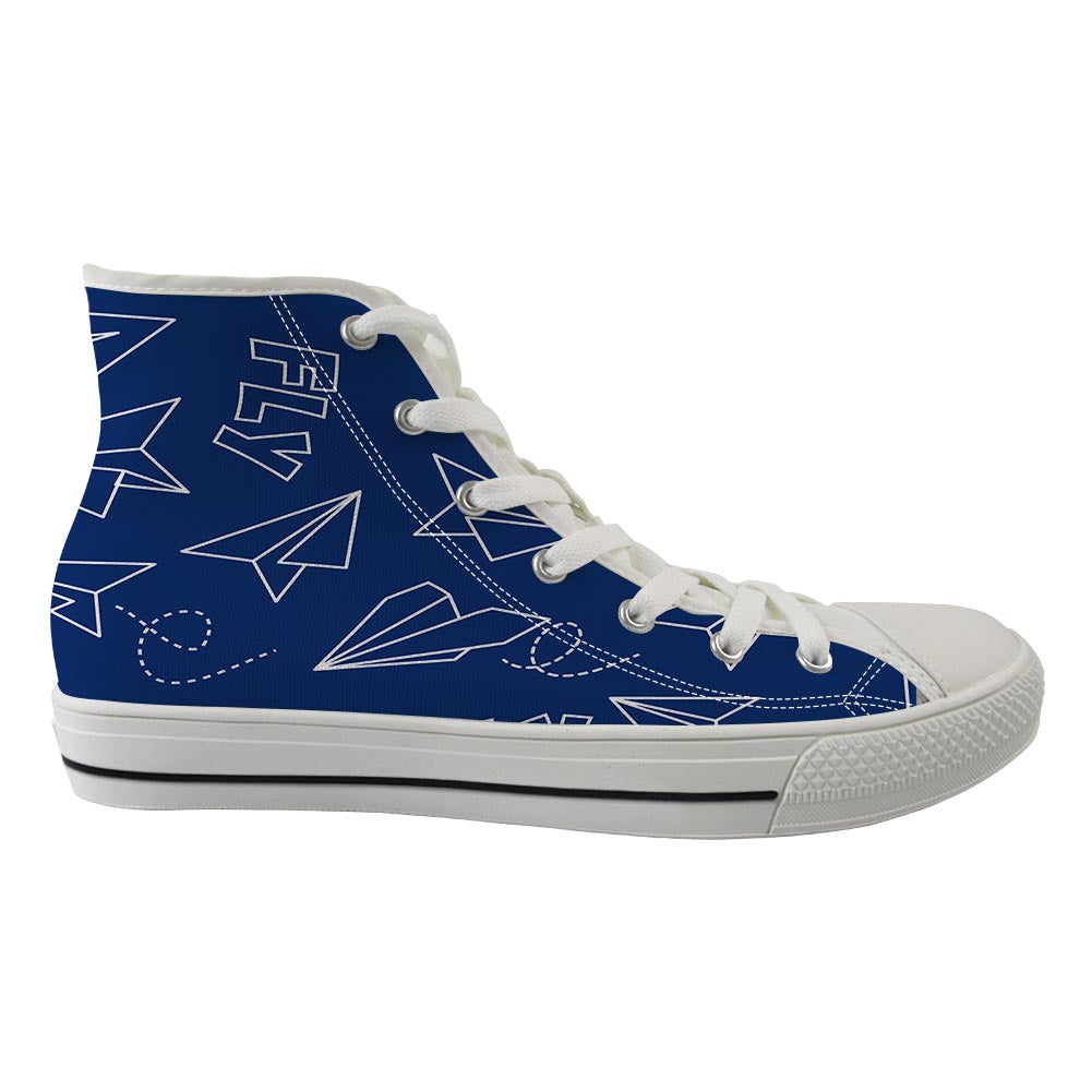 Paper Airplane & Fly (Blue) Designed Long Canvas Shoes (Men)