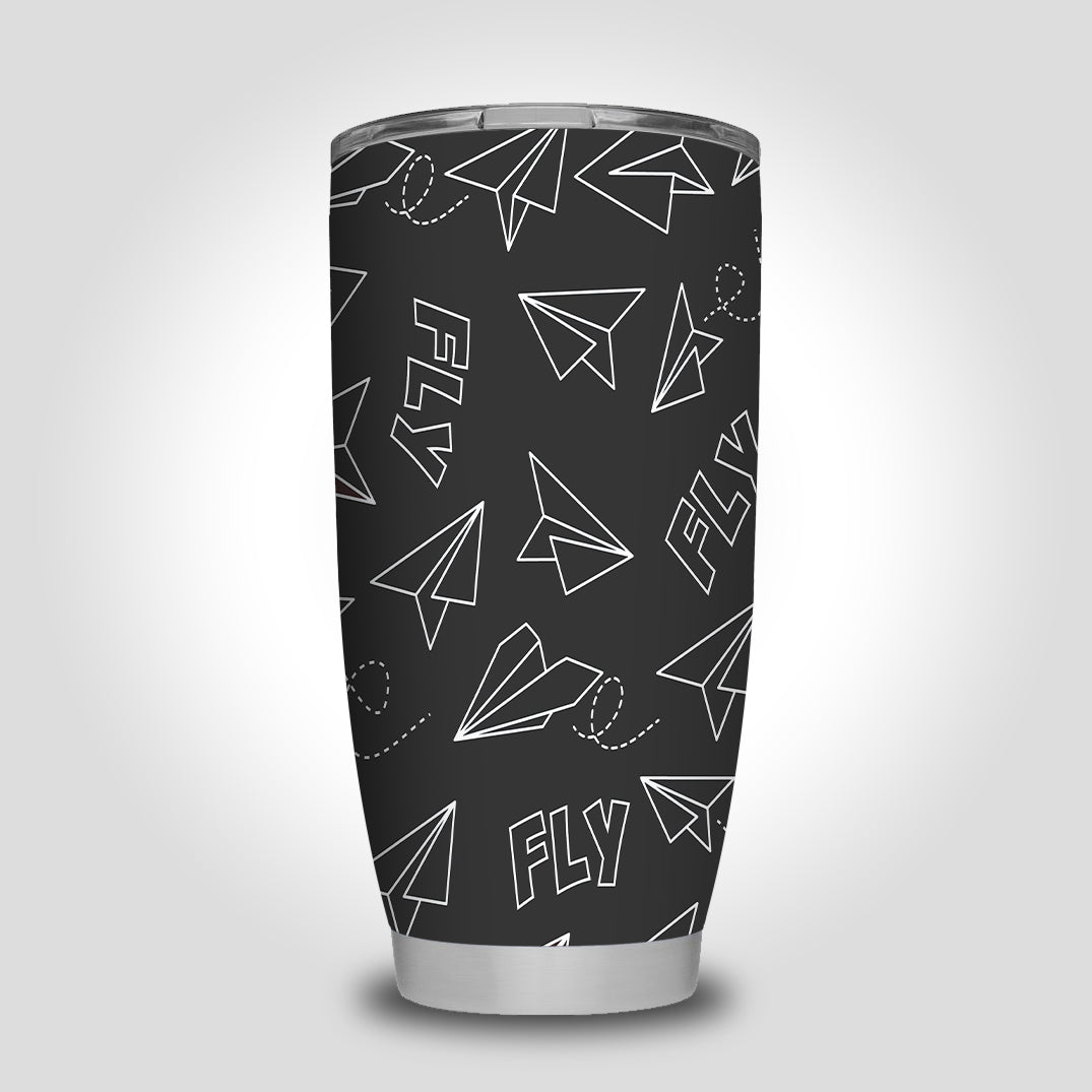 Paper Airplane & Fly (Gray) Designed Tumbler Travel Mugs