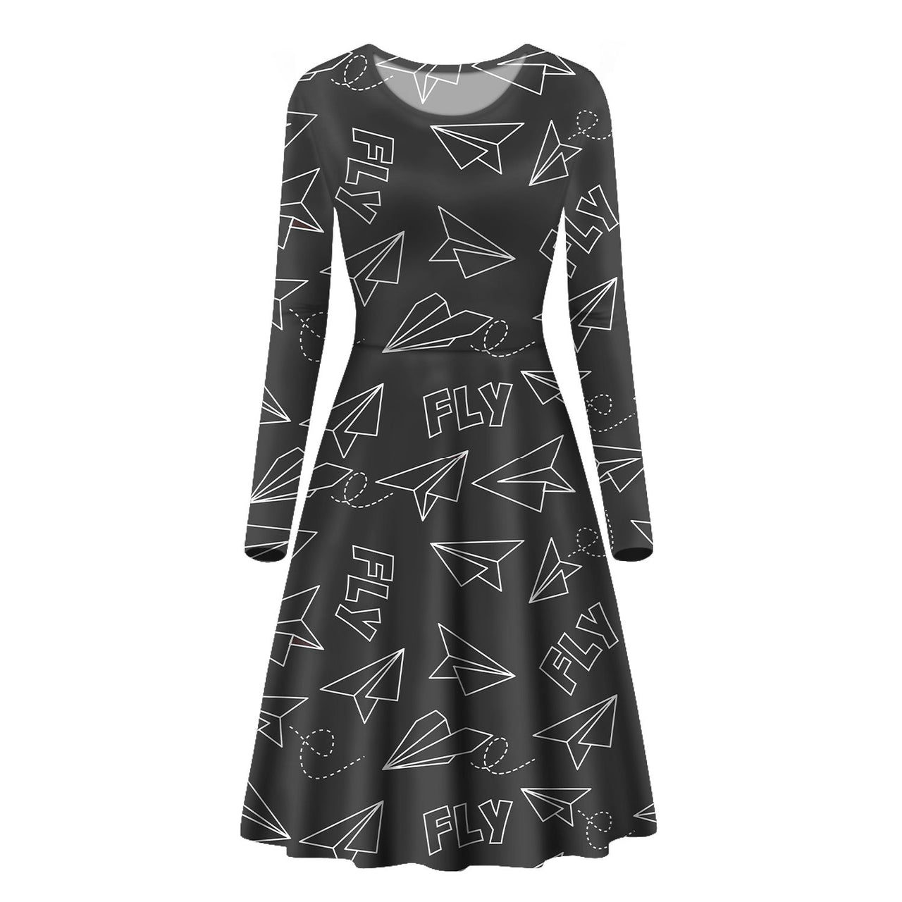 Paper Airplane & Fly (Gray) Designed Long Sleeve Women Midi Dress