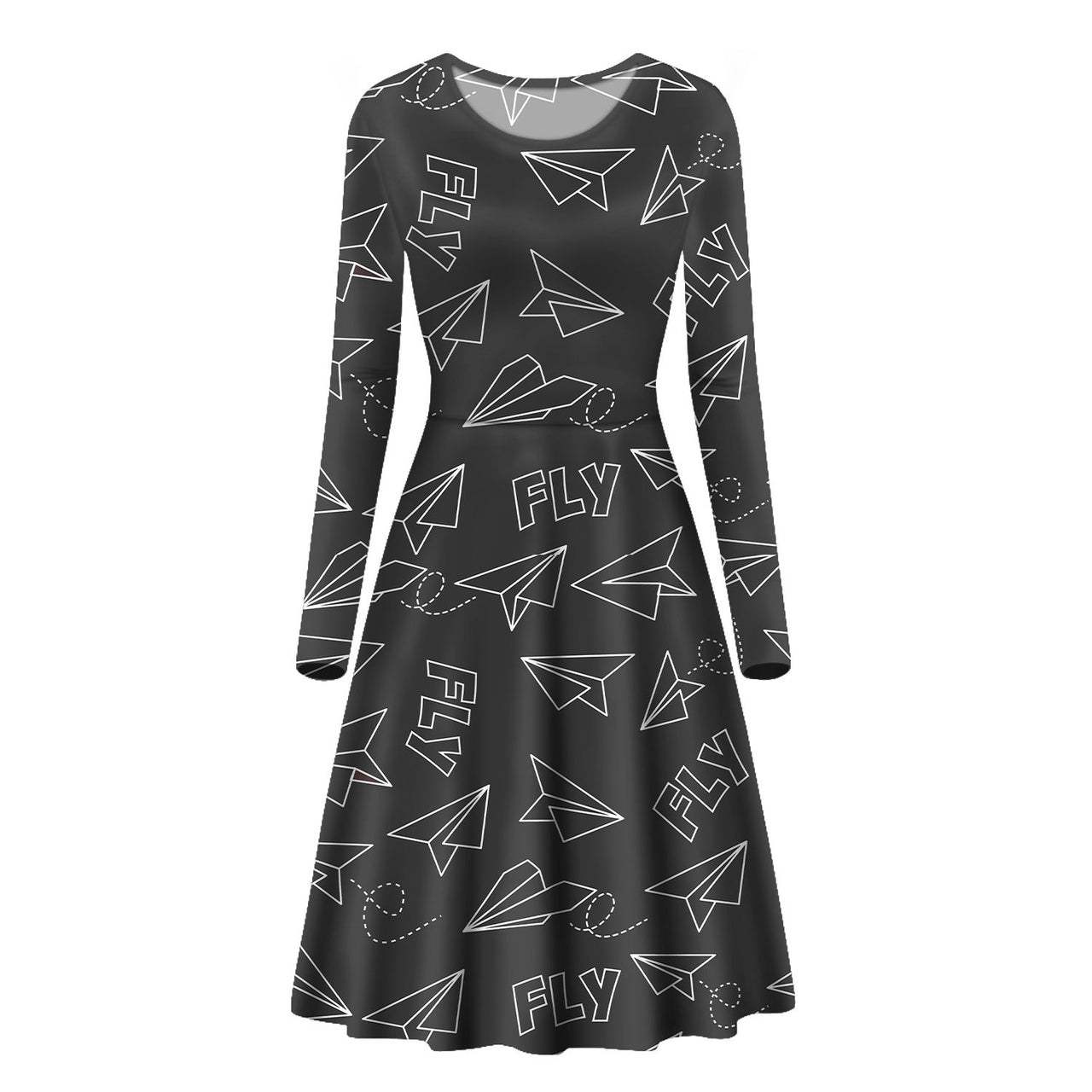 Paper Airplane & Fly (Gray) Designed Long Sleeve Women Midi Dress