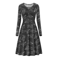 Thumbnail for Paper Airplane & Fly (Gray) Designed Long Sleeve Women Midi Dress