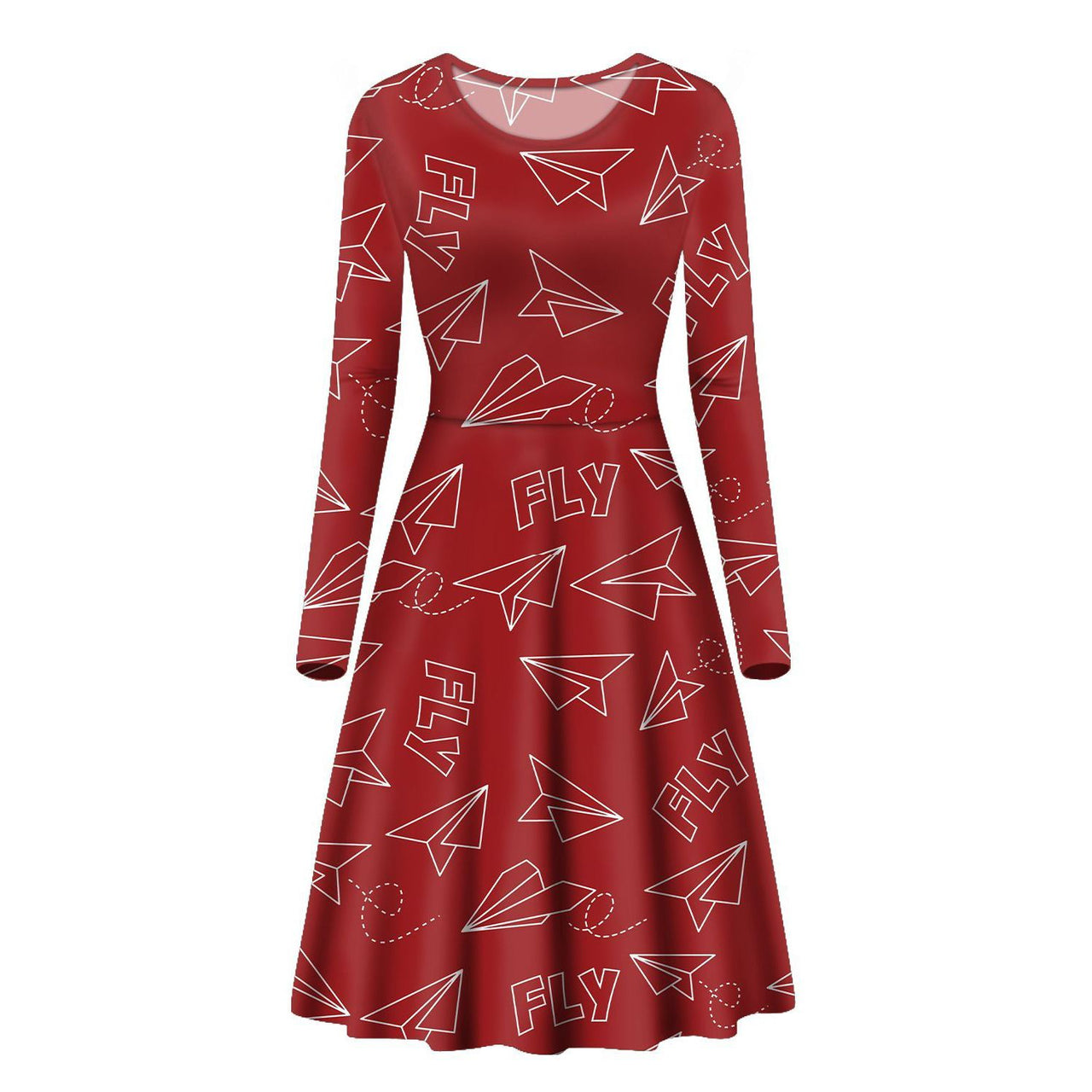 Paper Airplane & Fly (Red) Designed Long Sleeve Women Midi Dress