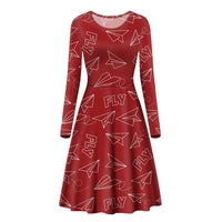 Thumbnail for Paper Airplane & Fly (Red) Designed Long Sleeve Women Midi Dress