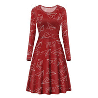 Thumbnail for Paper Airplane & Fly (Red) Designed Long Sleeve Women Midi Dress