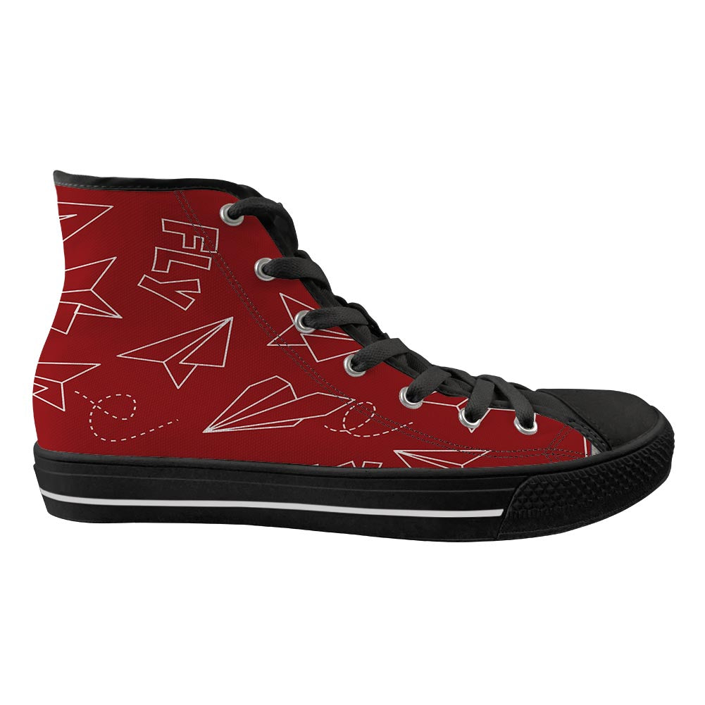 Paper Airplane & Fly (Red) Designed Long Canvas Shoes (Women)