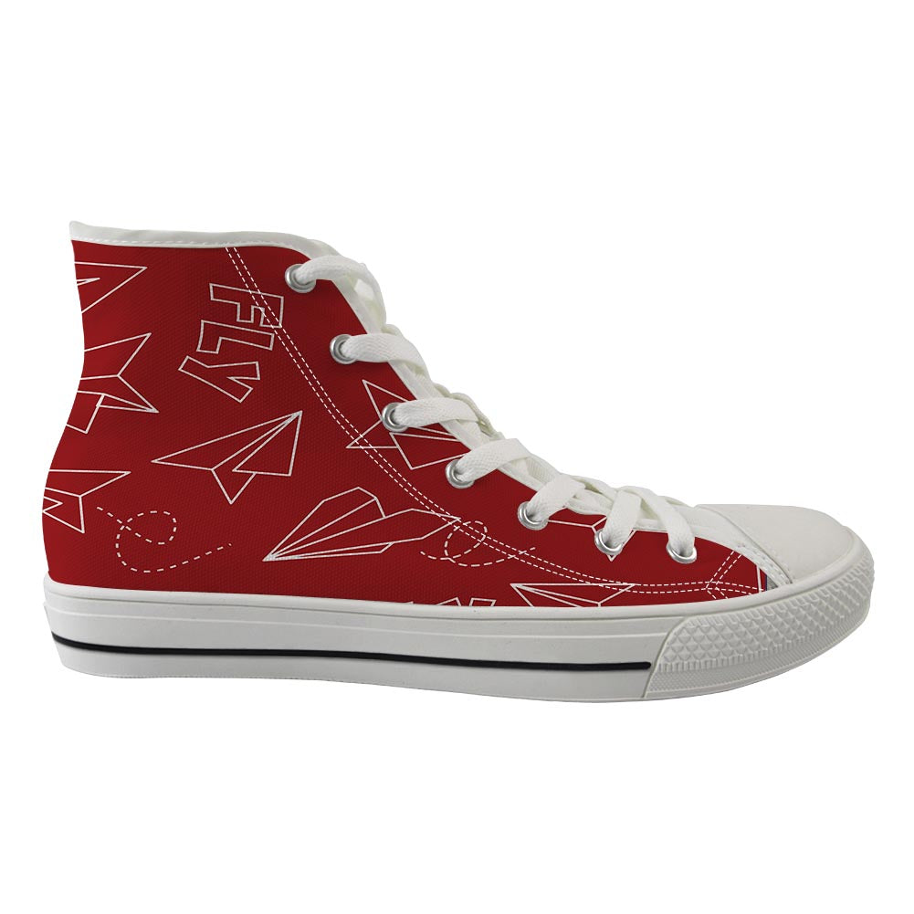 Paper Airplane & Fly (Red) Designed Long Canvas Shoes (Men)
